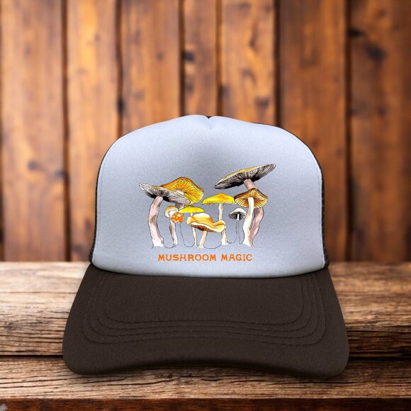 Magic Mushrooms Mens Trucker Hat Brown Snapback Trippy Groovy 70s Baseball Cap - Picture 1 of 4
